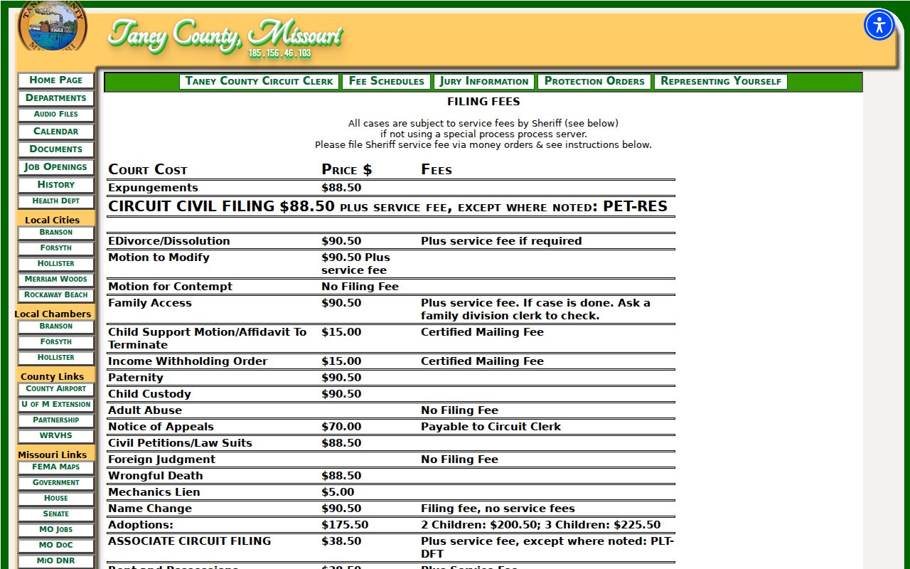 Taney County criminal court case copy and certification fee page