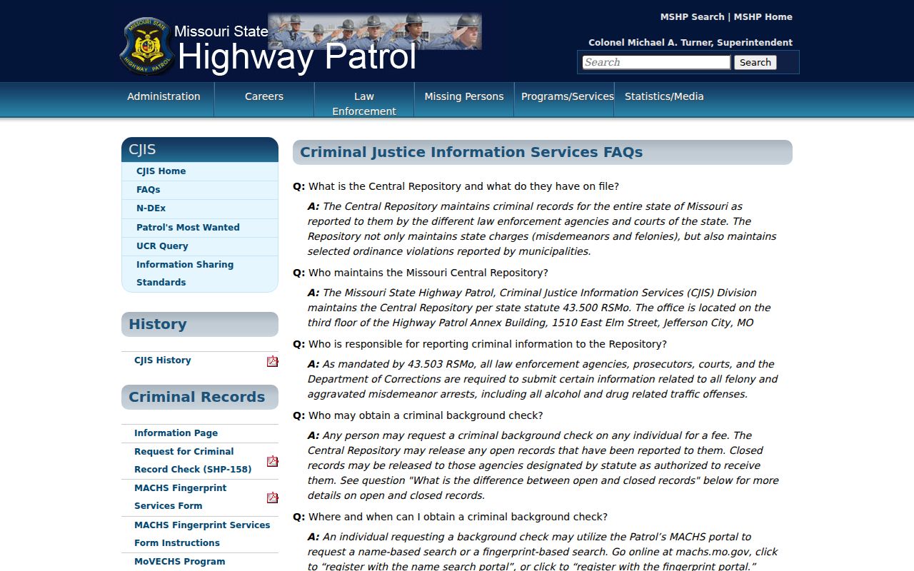 Taney County criminal history official Missouri open and closed record guidance