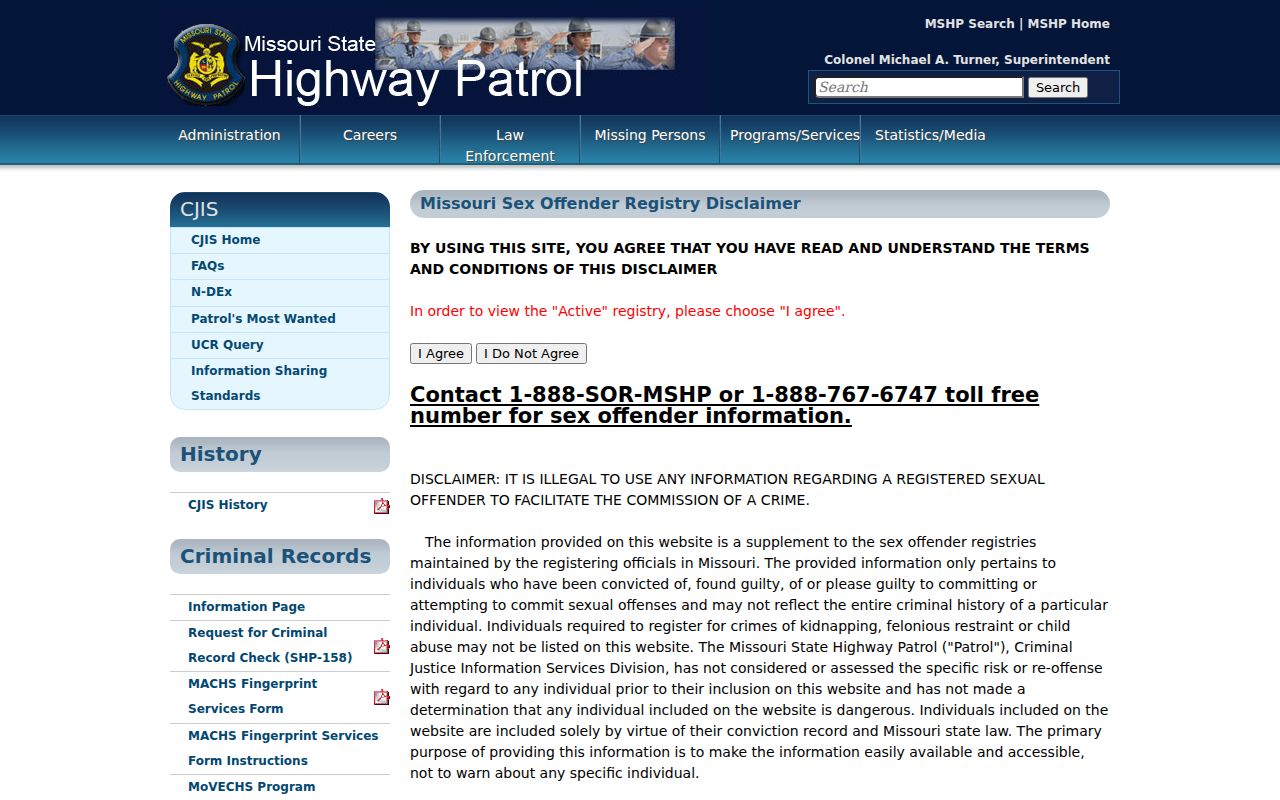 Missouri registry disclaimer for a Taney County sex offender lookup