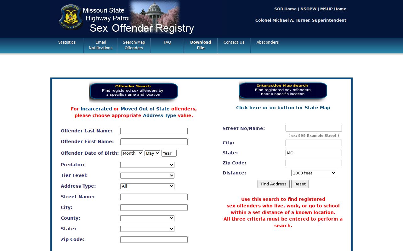 Missouri search form for Taney County sex offender registry records